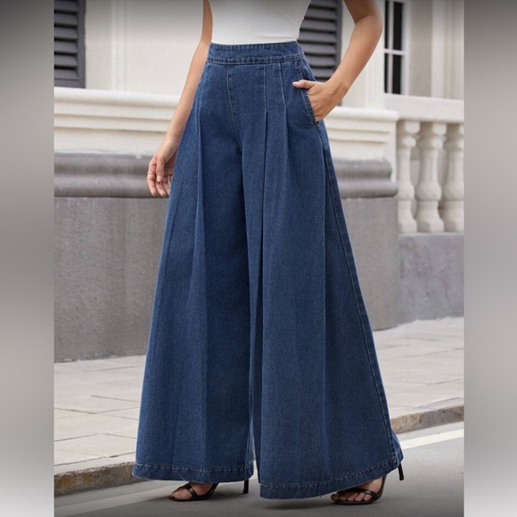 Denim - Wide Leg Dark Blue Jeans for Women - Denim Palazzo Pants